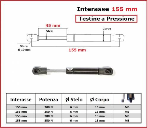 PISTONE a GAS Interasse 155 mm Fissaggio Testine a Pressione - 1 Pezzo