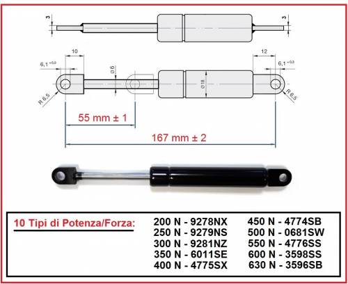 GAS SPRING 167 mm Center-to-Center Distance, 10 Force Types - 1 PIECE