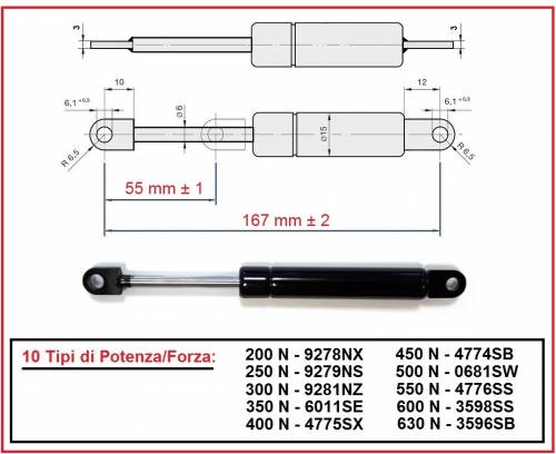 PISTONE A GAS Interasse 167 mm Fissaggio a Occhiello - 1 Pezzo