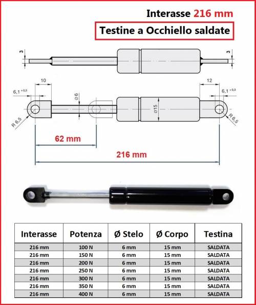 PISTONE a GAS Interasse 216 mm Testina Occhiello Saldata - 1 Pezzo