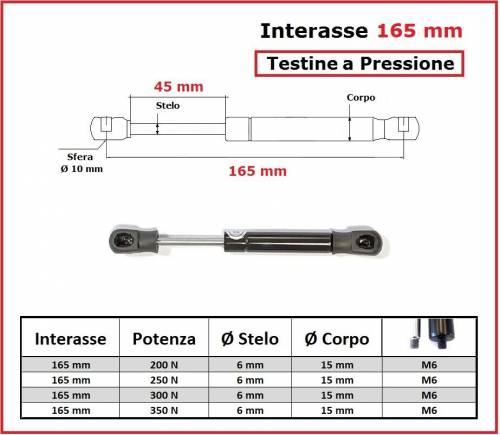 PISTONE a GAS Interasse 165 mm Fissaggio Testine a Pressione - 1 Pezzo